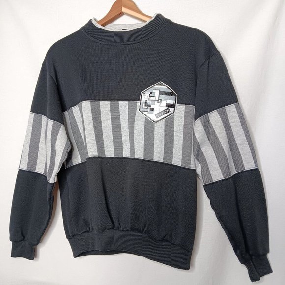 Vintage 80s Sasson Unisex Medium Sweatshirt Crew Neck Black Gray Stripe Retro - Picture 1 of 13